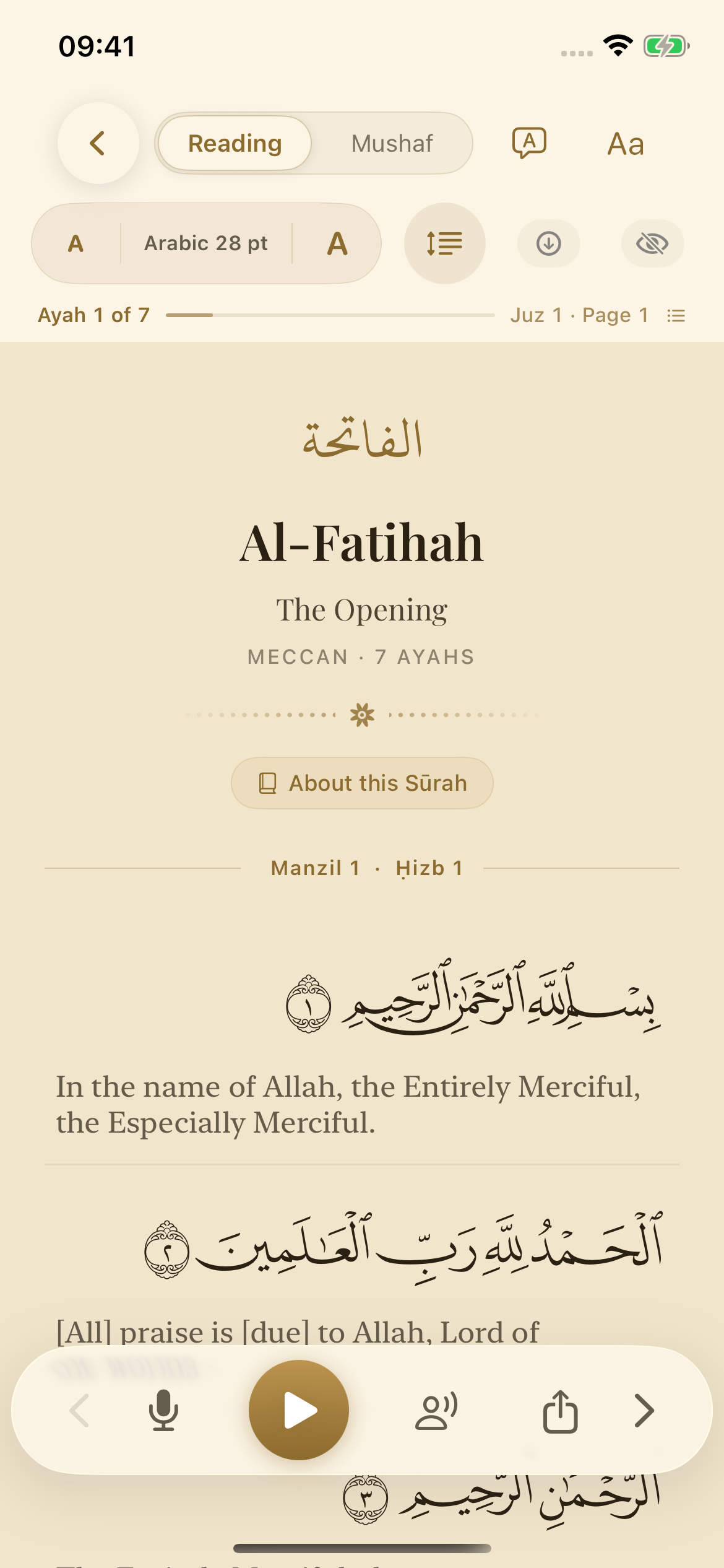 Qur'an reader with translation and word-by-word study