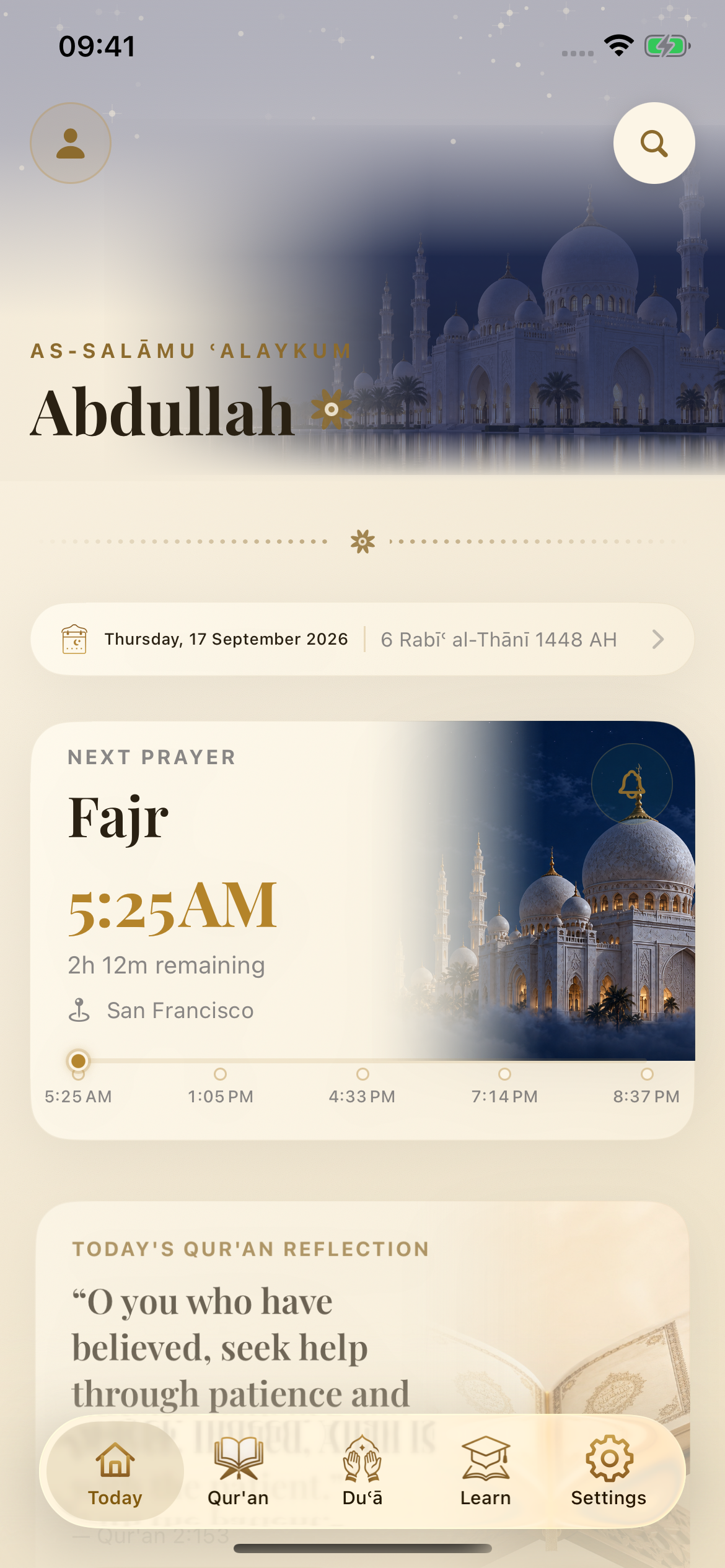 Deen Companion Today screen showing the greeting, next prayer and daily Qur'an reflection