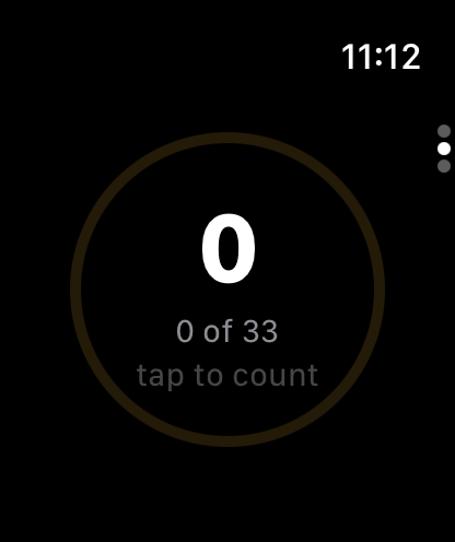 Actual Watch app tasbih counter showing zero of thirty-three and tap to count